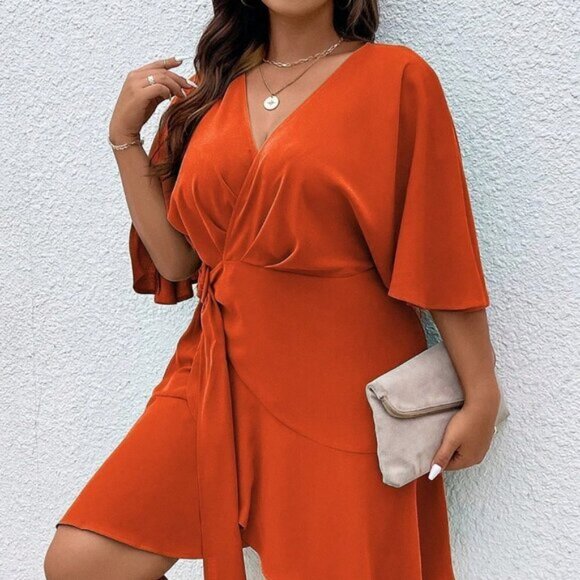Orange Preppy Womens Batwing Sleeve Ruffle Trim Wrap Knot Side Dress - Picture 1 of 5